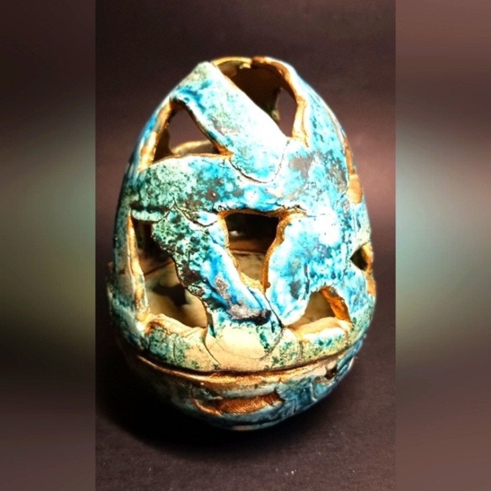 Vintage Keramik Dinosaur  Egg Trinket Box Teacandle Holder